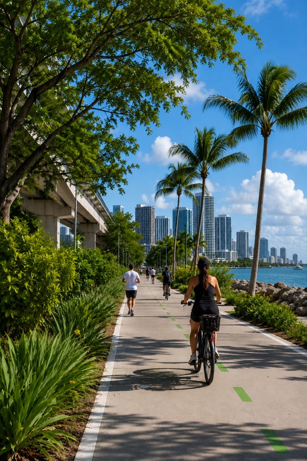Cyclists on a Miami-Dade waterfront trail
